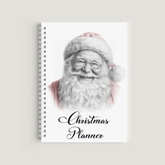 A spiral-bound A5 notebook with a realistic, hand-drawn pencil sketch of a smiling Santa Claus in a pink-toned hat. Elegant script text at the bottom reads "Christmas Planner" on a clean white background.