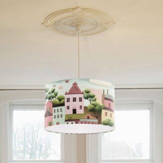 Trendy modern lampshade with pastel colour houses print for table lampshade and hanging pendant ceiling lampshade modern lighting lampshade