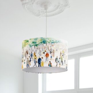 modern contemporary lampshade with bright colours people walking in the park