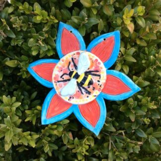 Bee and flower wall art, Red, blue, yellow ceramic plaque, Pottery decor, Home decoration