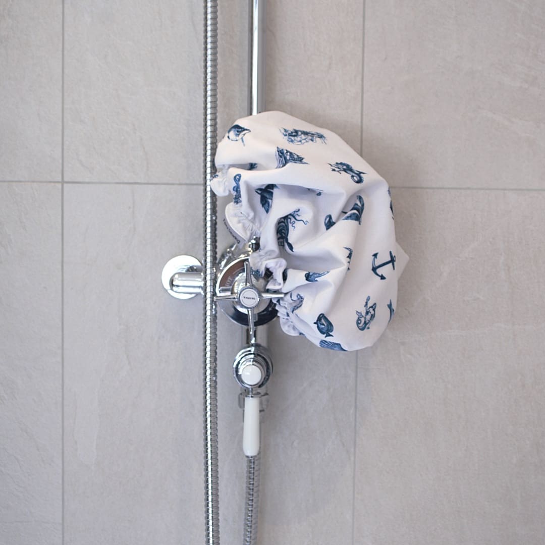 Mermaid and Sea Life Blue and White Luxury Shower Cap - Image 4