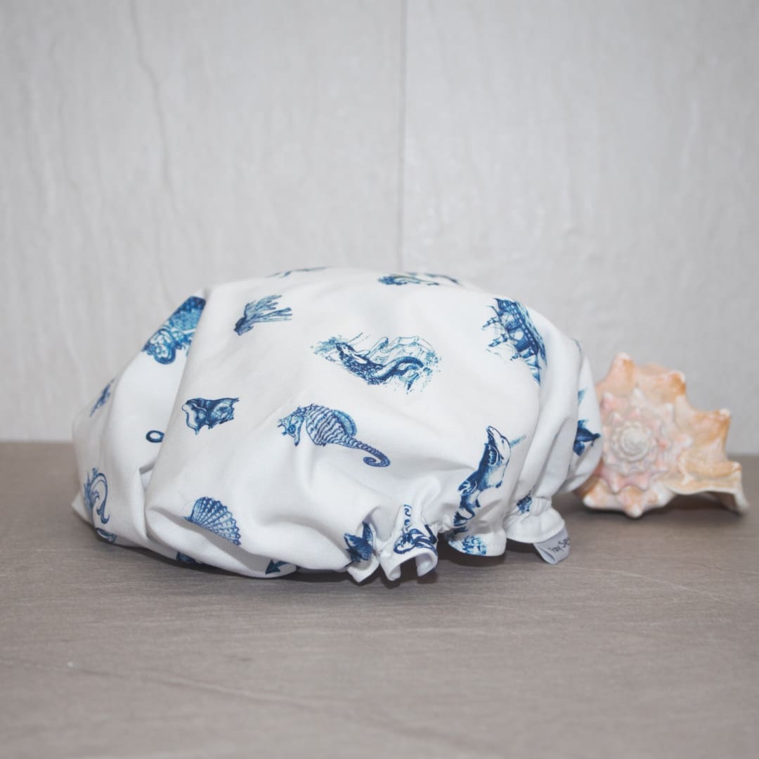 Mermaid and Sea Life Blue and White Luxury Shower Cap