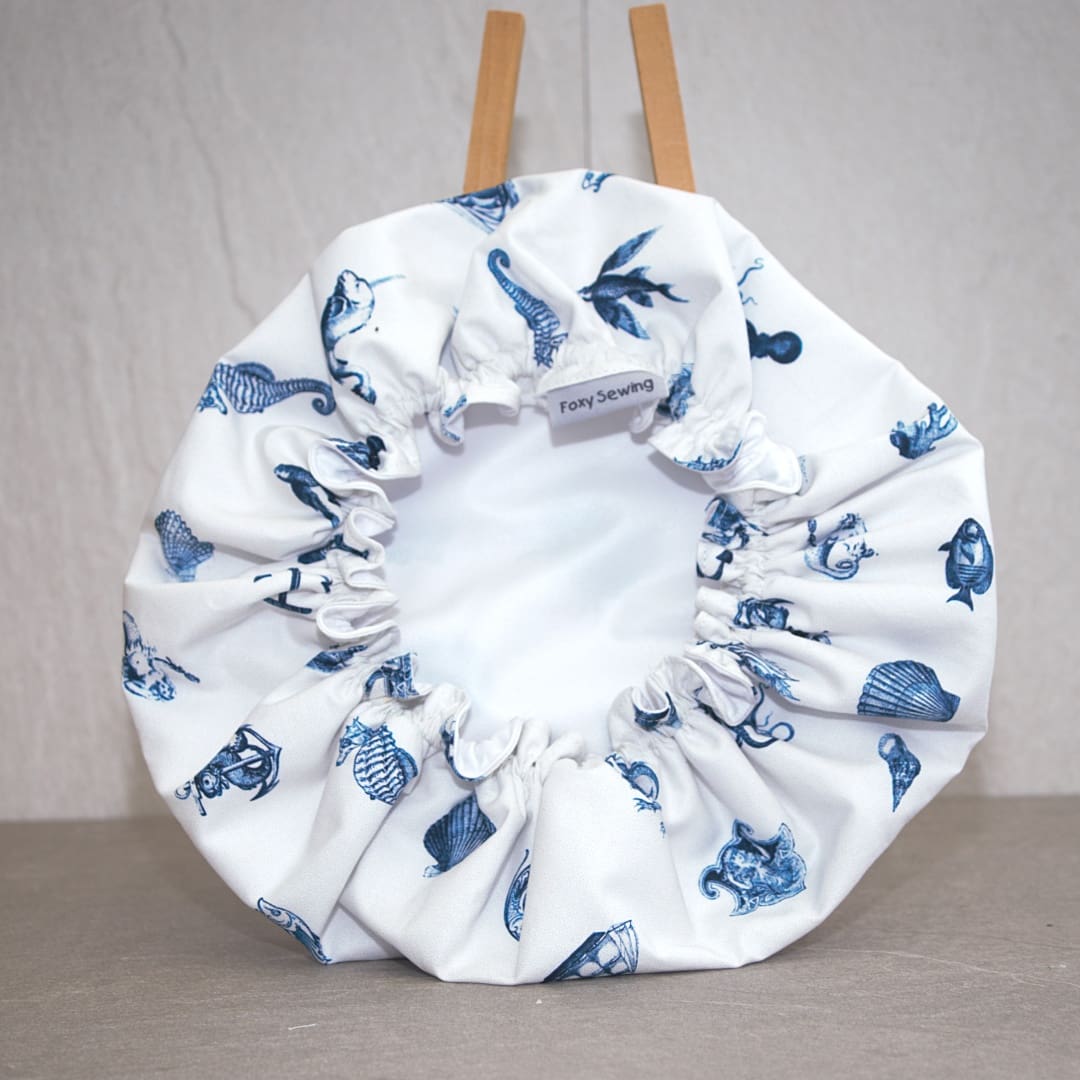 Mermaid and Sea Life Blue and White Luxury Shower Cap - Image 3