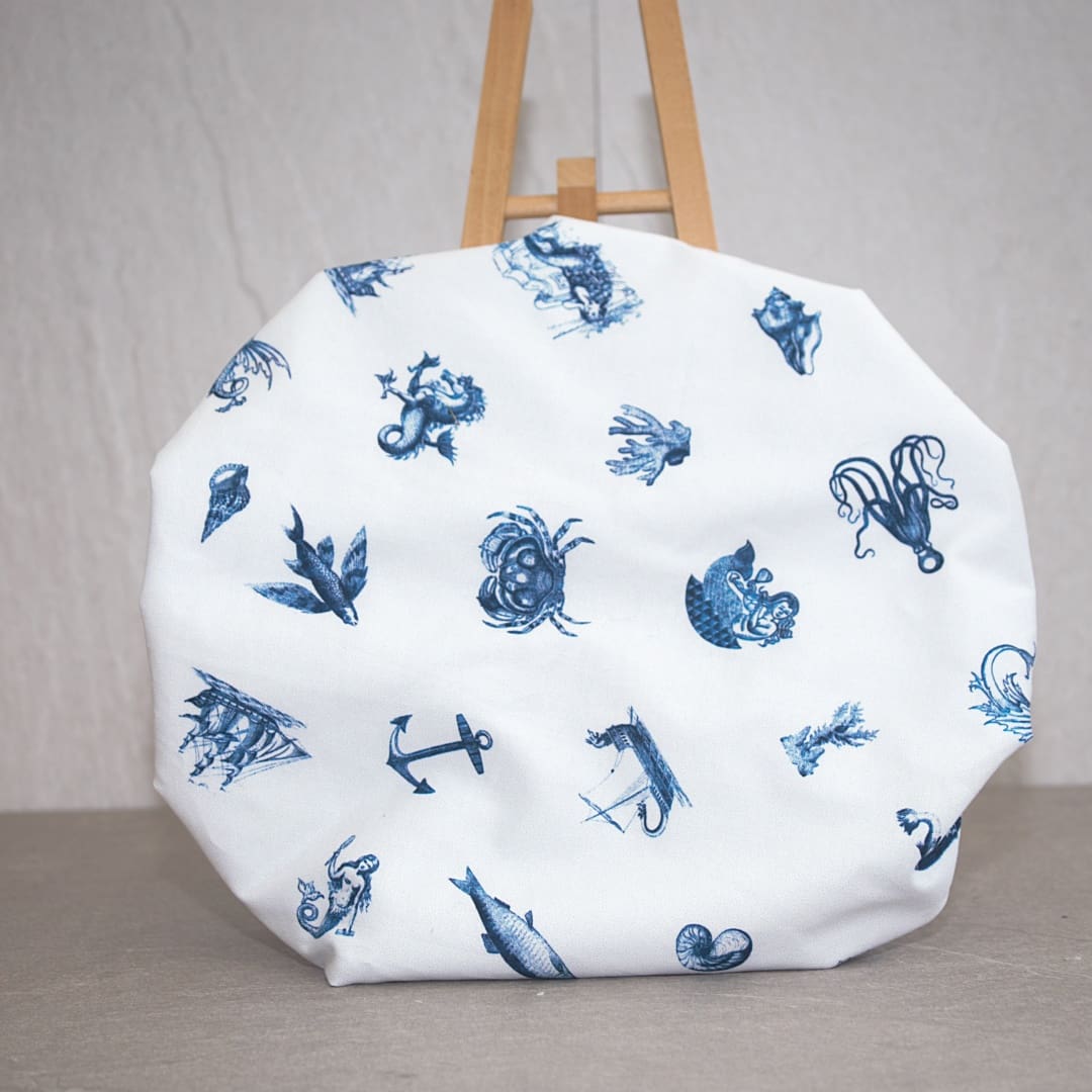 Mermaid and Sea Life Blue and White Luxury Shower Cap - Image 2