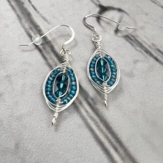 Silver Wire Wrapped Earrings with Capri Blue Austrian Crystal Beads