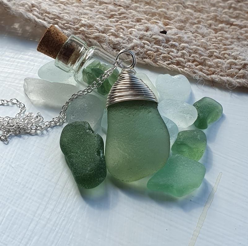 Handmade Cornish Pale Green Sea Glass and Silver Necklace - Image 3