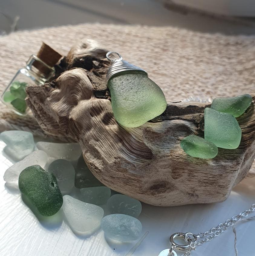 Handmade Cornish Pale Green Sea Glass and Silver Necklace - Image 5