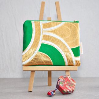 Green and Gold Recycled Silk Japanese Kimono Clutch Bag /Purse