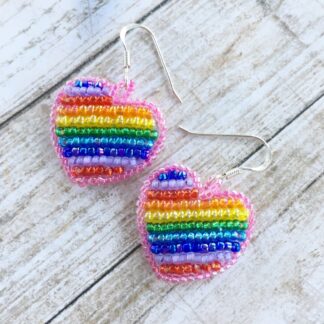 Rainbow Heart Earrings, Hand Beaded Lightweight Earrings