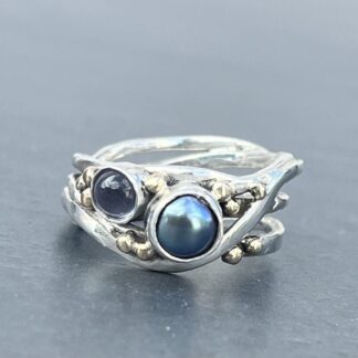 Black Pearl and Iolite Ring