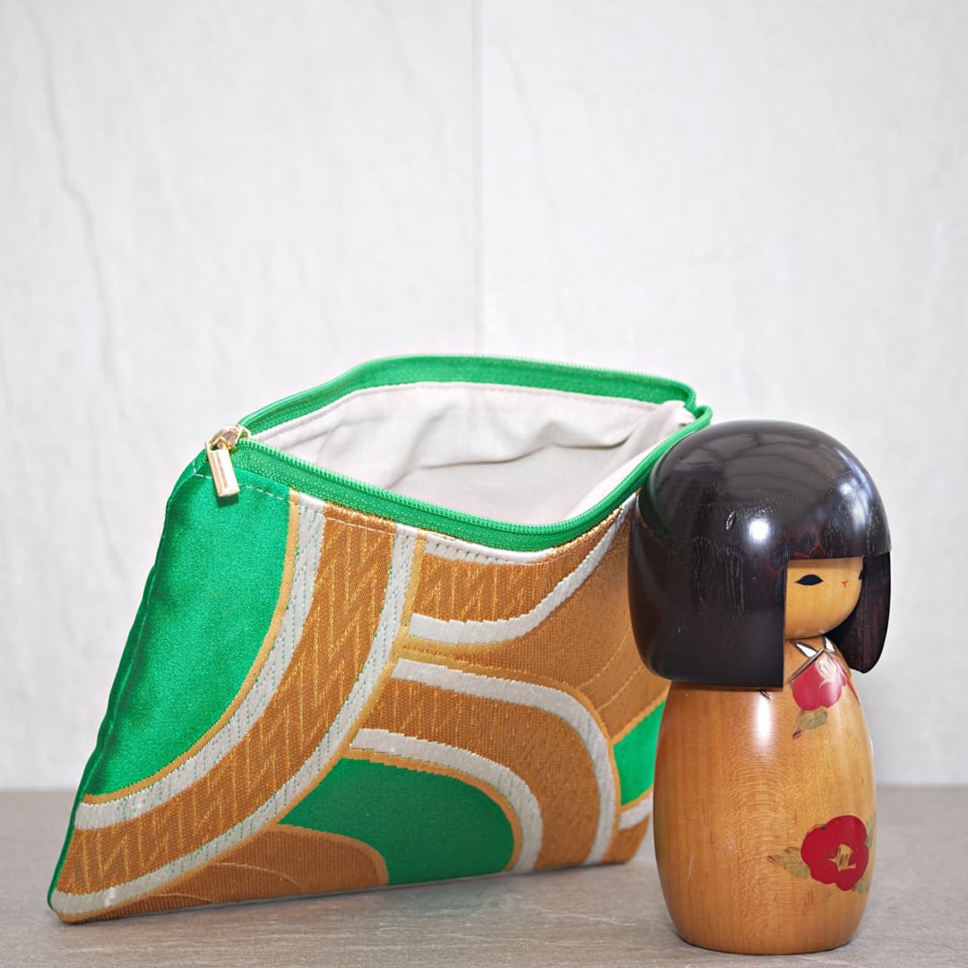 Green and Gold Recycled Silk Japanese Kimono Clutch Bag /Purse - Image 3