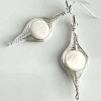 Silver Herringbone Earrings with White Coin Mother of Pearls