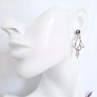 Dangly sterling silver fuchsia flowers on green moss agate stud earrings.
