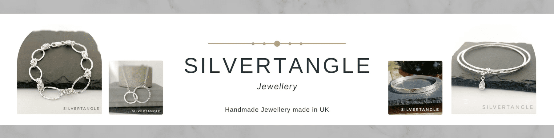 Logo Heading Banner for Silvertangle Jeweellery with four images showing silver jewellery