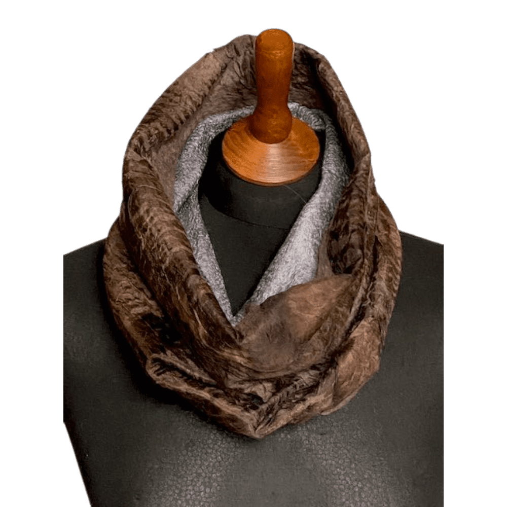 Chestnut Brown Silk and Wool Cowl Handmade Unique Nuno Felted Featuring Botanical Leaf Prints - Image 3