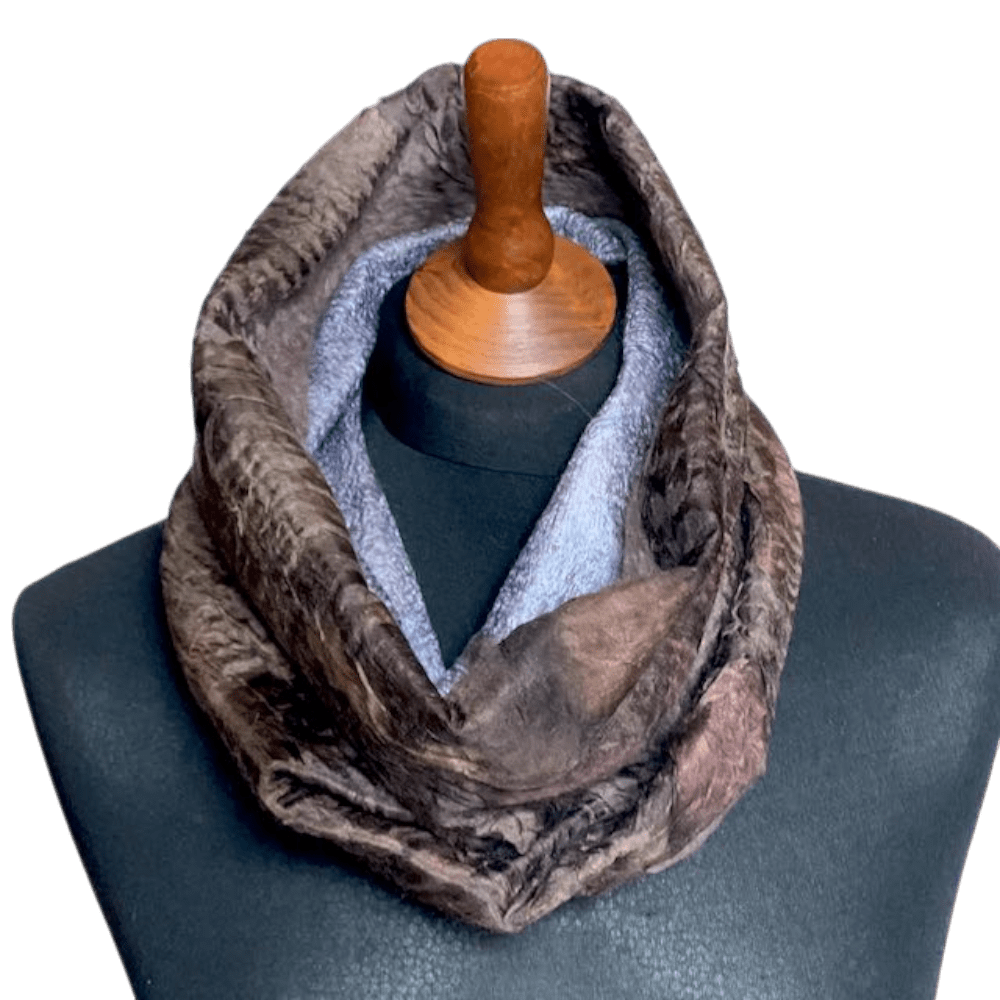 Chestnut Brown Silk and Wool Cowl Handmade Unique Nuno Felted Featuring Botanical Leaf Prints - Image 4