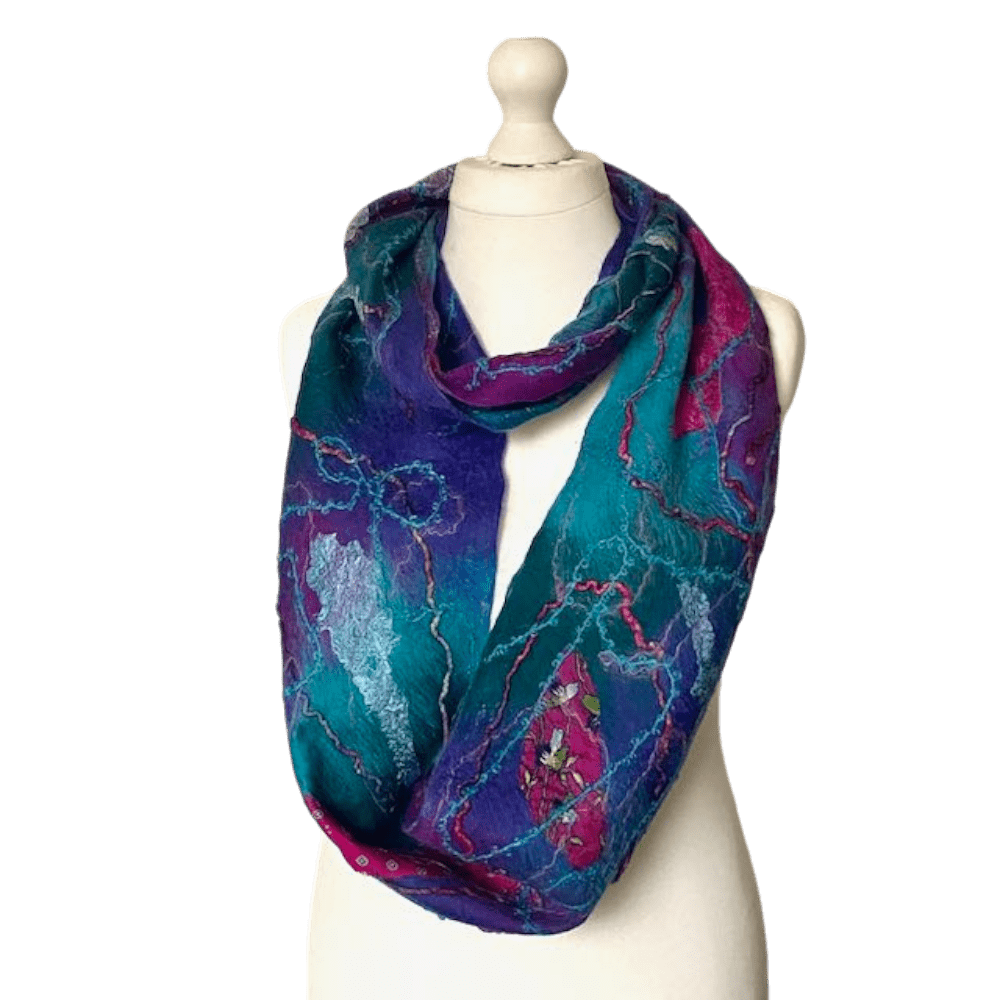 Long Cowl Scarf Handmade Wool and Viscose Felt with Silk and Yarns: Aurora 2023 - Image 2