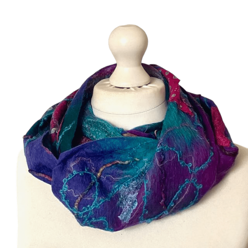 Long Cowl Scarf Handmade Wool and Viscose Felt with Silk and Yarns: Aurora 2023 - Image 3
