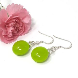 Bright Green Dangly Earrings, Fused Glass Sterling Silver