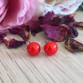 Bright Red Stud Earrings, Small Fused Glass Studs