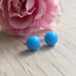 Turquoise Blue Stud Earrings - Fused Glass and Sterling Silver