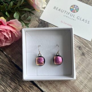 Bright pink dangly earrings, sparkly dichroic glass drop earrings