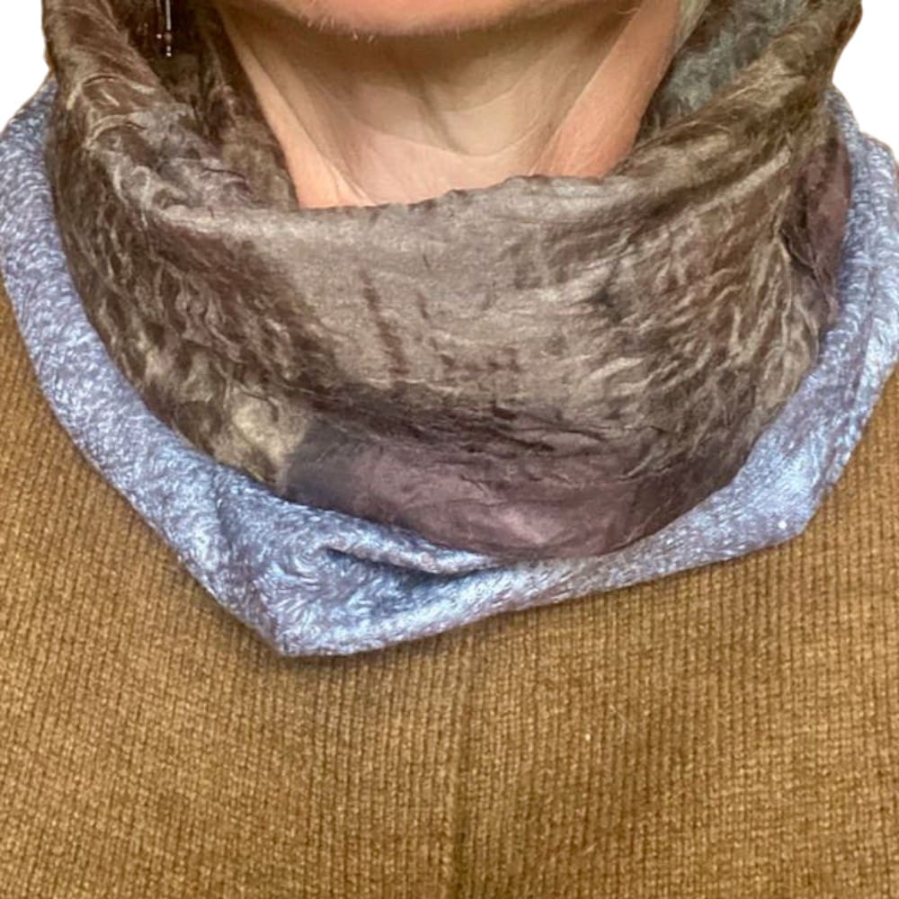 Chestnut Brown Silk and Wool Cowl Handmade Unique Nuno Felted Featuring Botanical Leaf Prints - Image 2