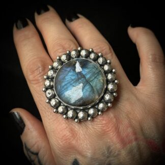 Large Round Labradorite Sterling Silver Ring - Size P 1/2