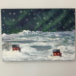 Two red houses in Northern lights