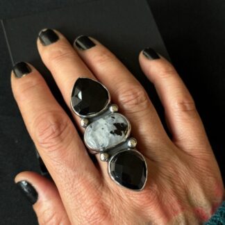 Rainbow Moonstone with Tourmaline and Black Onyx Sterling Silver Ring - Size S 1/2