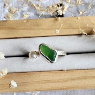 Handmade Silver Sea Glass and Pearl Ring