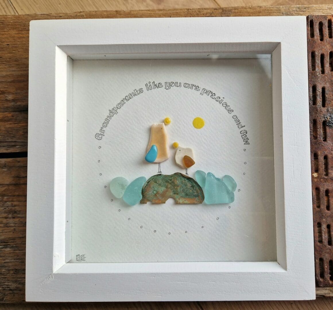 Grandparents sea glass and pottery birds framed picture