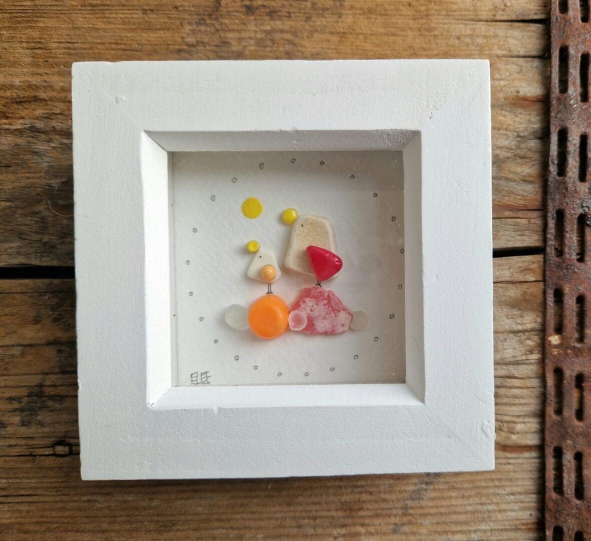 Sea glass and pottery sea gulls framed picture
