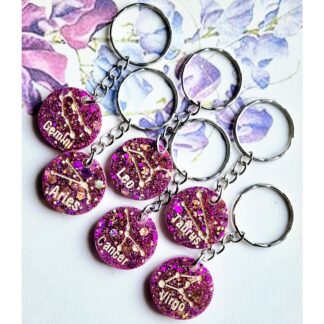 Deep pink gold star sign keyrings - resin gift.