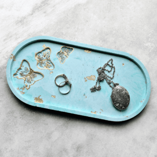 Green Jesmonite oval tray with gold butterfly 1