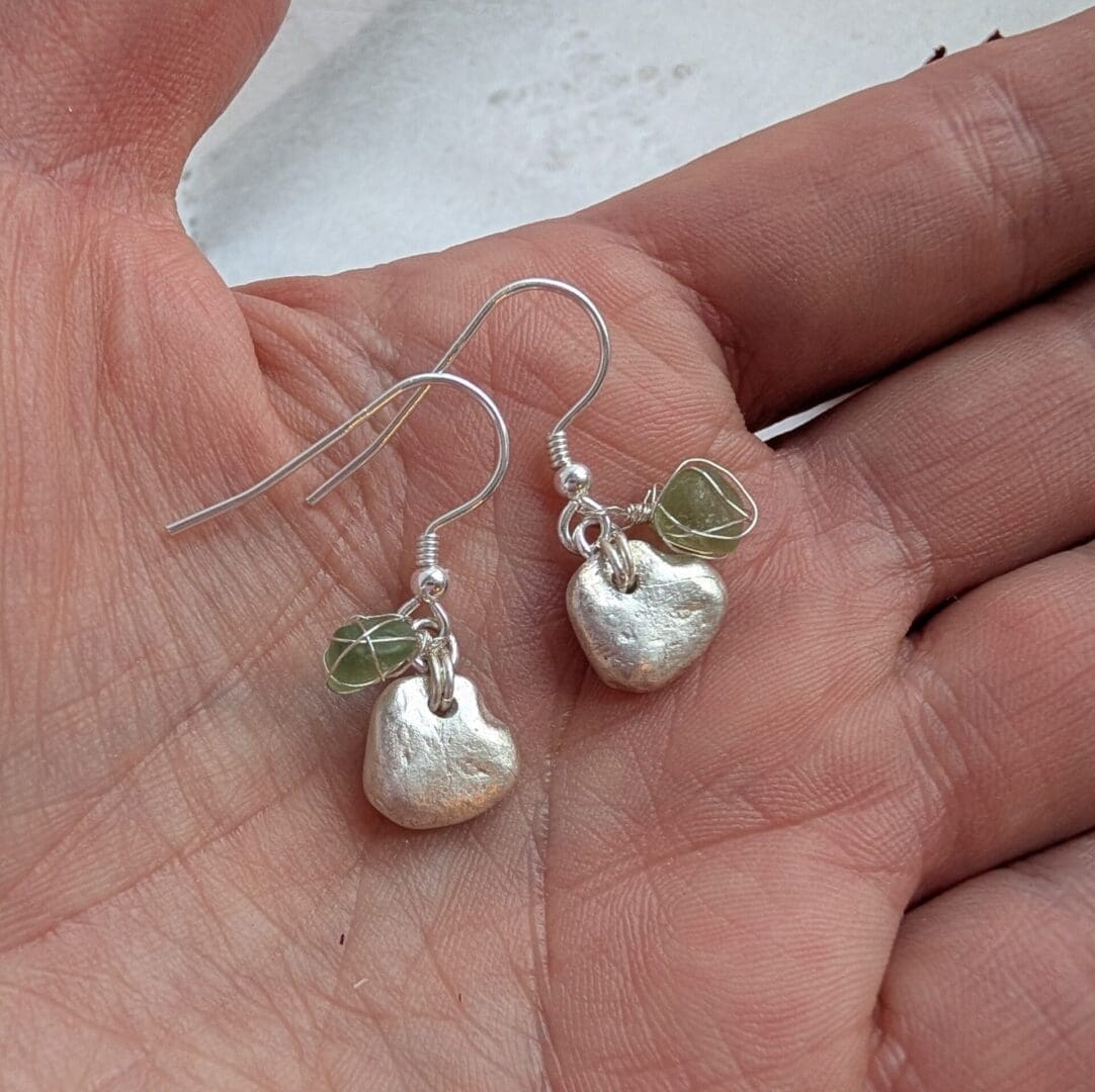 Handcrafted Dainty Silver Heart and lime green Sea-glass Dangly Earrings - Image 5