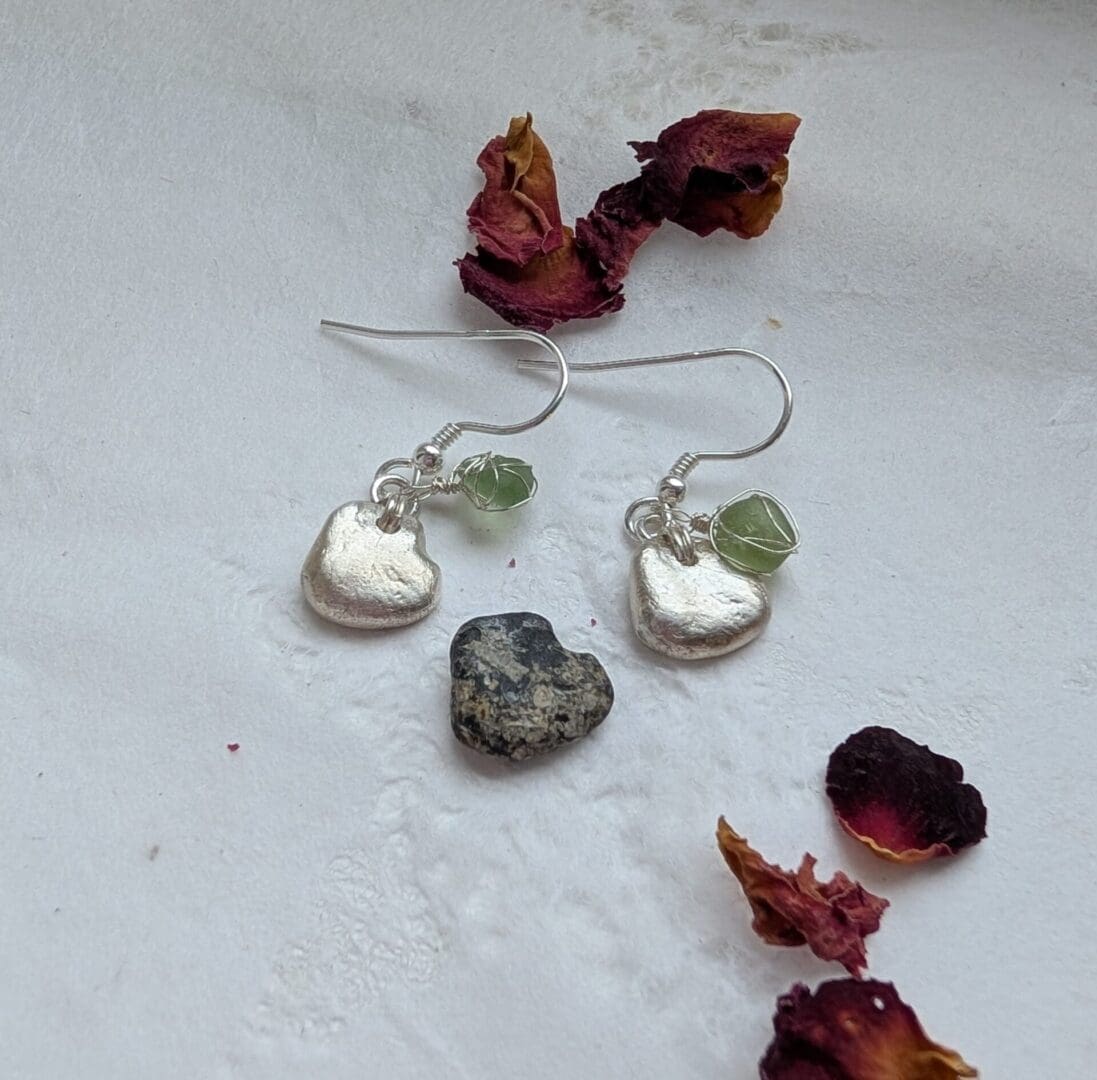 Handcrafted Dainty Silver Heart and lime green Sea-glass Dangly Earrings - Image 2