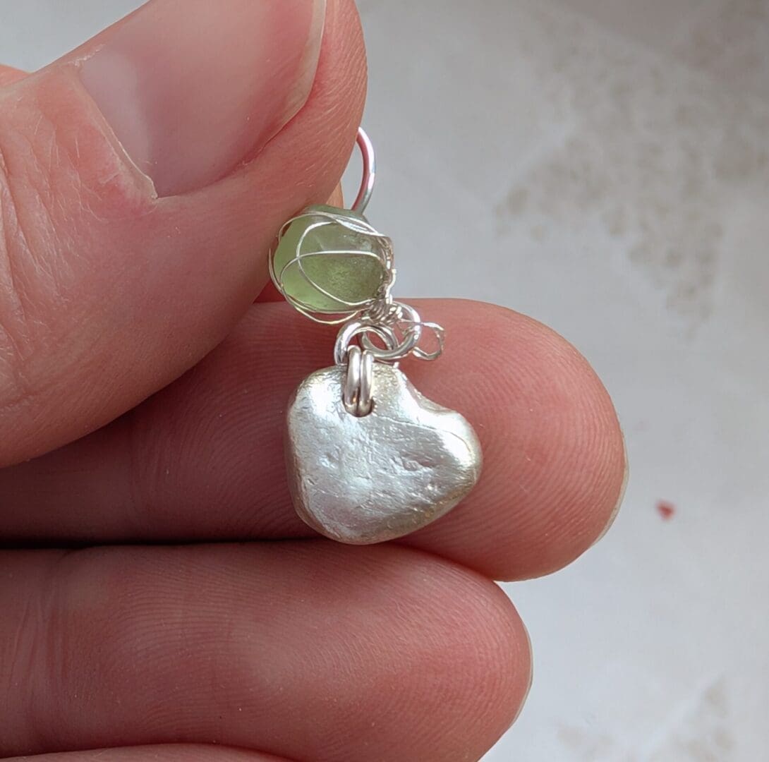 Handcrafted Dainty Silver Heart and lime green Sea-glass Dangly Earrings - Image 8