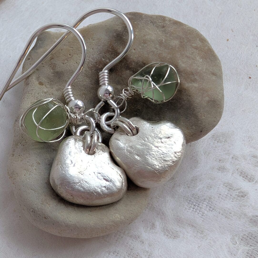 Handcrafted Dainty Silver Heart and lime green Sea-glass Dangly Earrings - Image 4