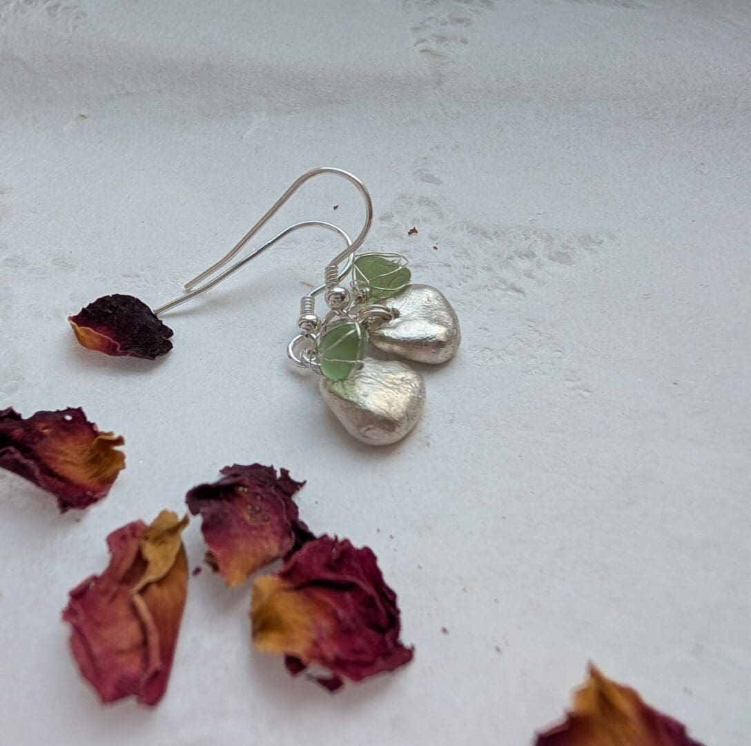Handcrafted Dainty Silver Heart and lime green Sea-glass Dangly Earrings - Image 3