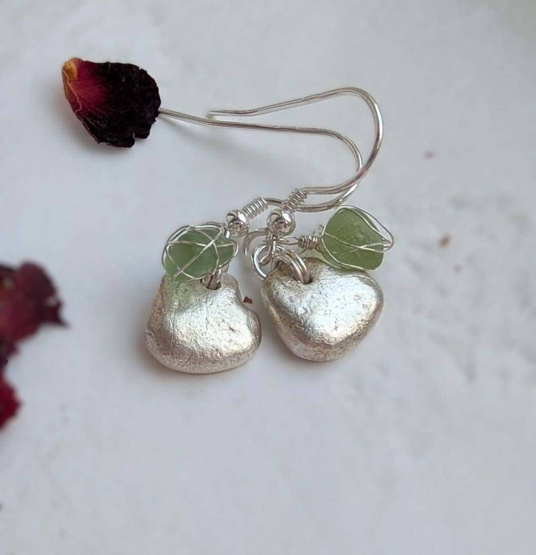 Handcrafted Dainty Silver Heart and lime green Sea-glass Dangly Earrings - Image 6