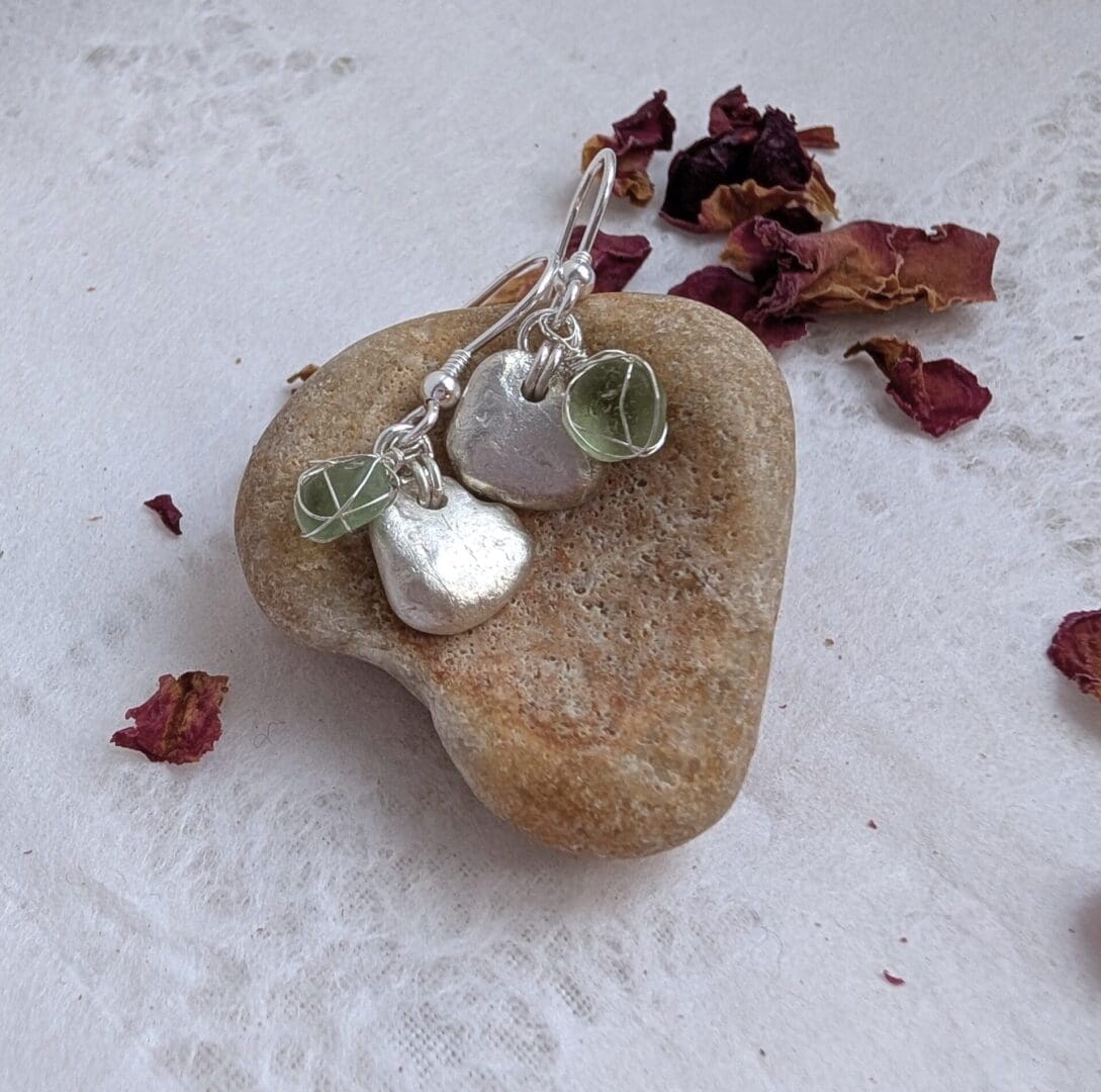 Handcrafted Dainty Silver Heart and lime green Sea-glass Dangly Earrings - Image 7
