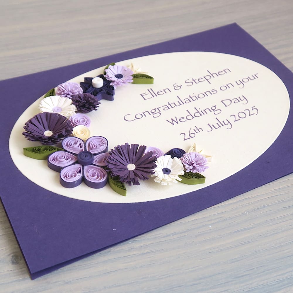 Handmade wedding congratulations card, personalised with quilling