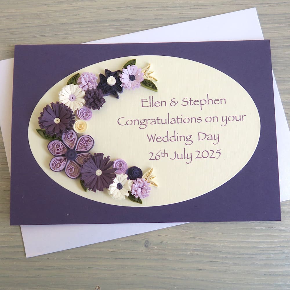 Handmade wedding congratulations card, personalised with quilling