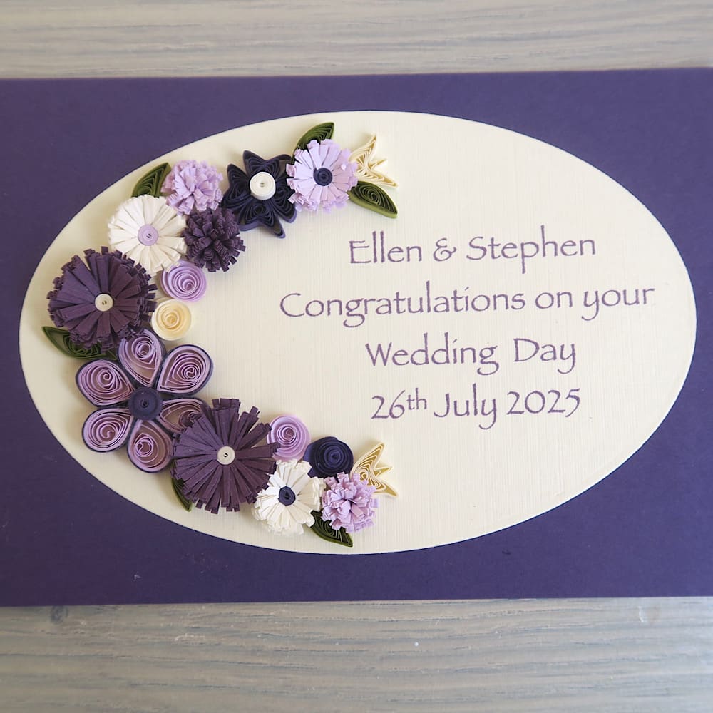 Handmade wedding congratulations card, personalised with quilling