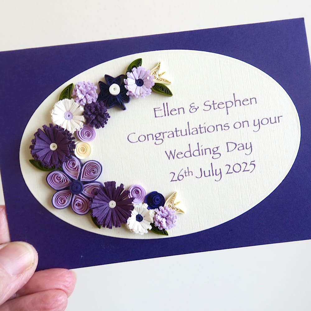Handmade wedding congratulations card, personalised with quilling