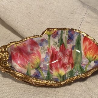 A handmade decoupaged oyster featuring fabulous parrot tulips