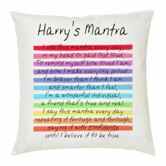 Square white cushion with a soft velvet texture featuring the personalised title Harry’s Mantra and a colourful rainbow-striped poem about confidence and self-love.