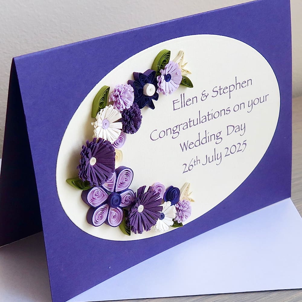 Handmade wedding congratulations card, personalised with quilling