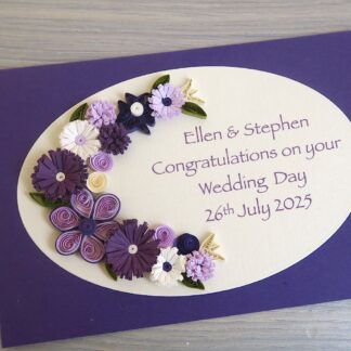 Handmade wedding congratulations card, personalised with quilling